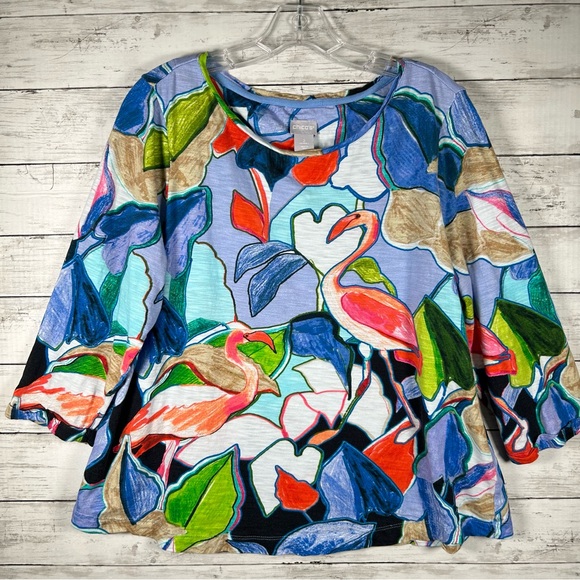 Chico’s Cotton Modal Abstract Colorful Flamingo T-shirt Top Sz 2 L - Picture 1 of 5